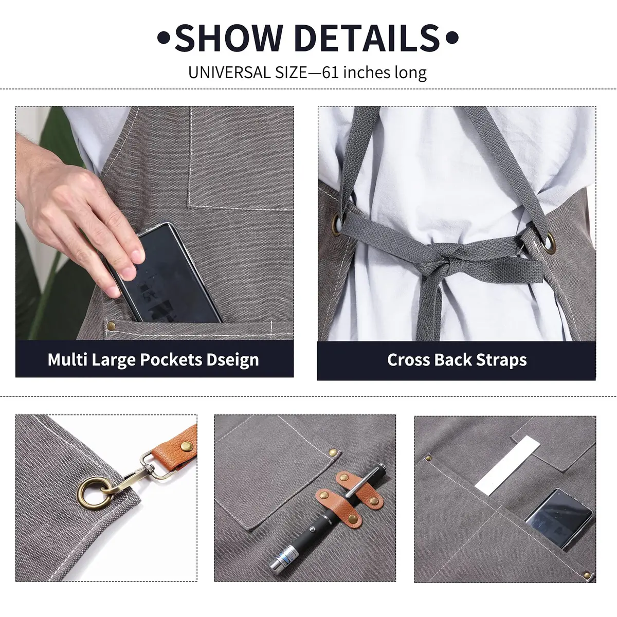 ZOMAO Apron for Men Women | Cross-Back Cotton Canvas with Pockets (Grey) - view 5