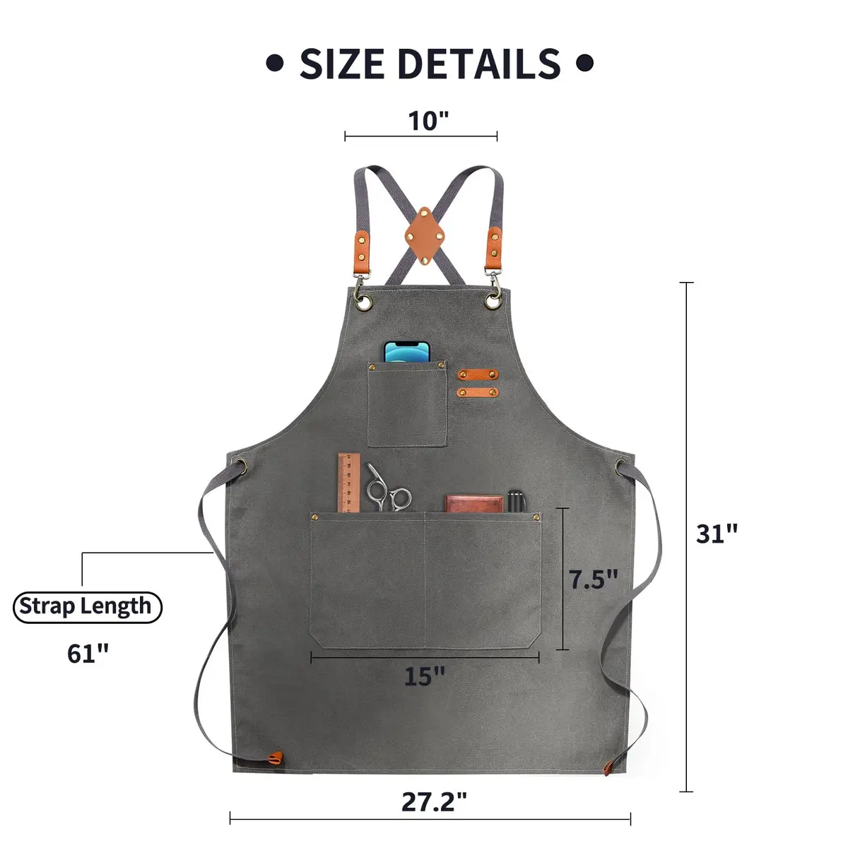 ZOMAO Apron for Men Women | Cross-Back Cotton Canvas with Pockets (Grey) - view 6