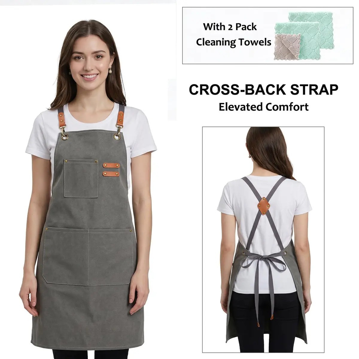 ZOMAO Apron for Men Women | Cross-Back Cotton Canvas with Pockets (Grey) - view 3