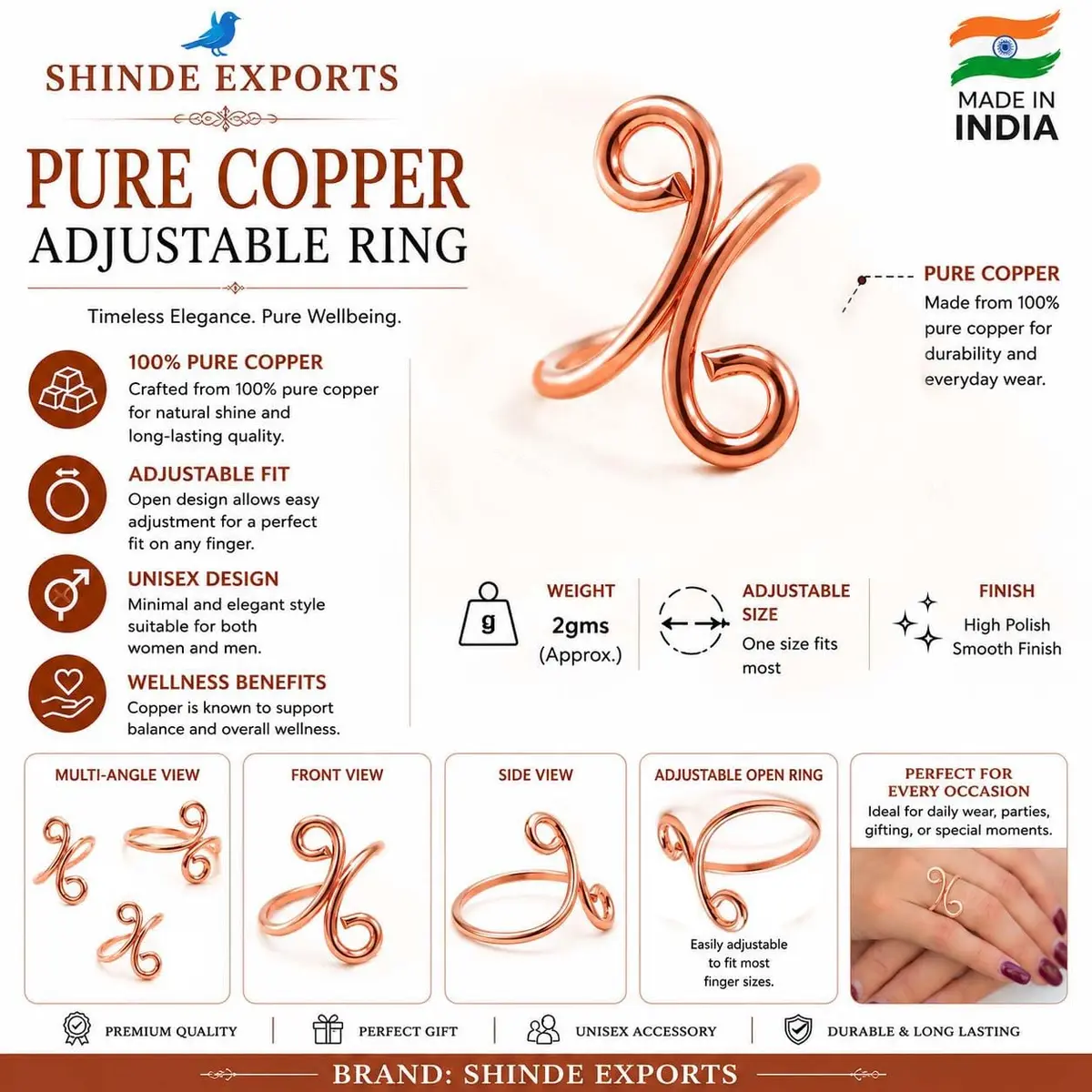 SHINDE EXPORTS Pure Copper Wire Ring for Men & Women | Adjustable & Uncoated - view 2