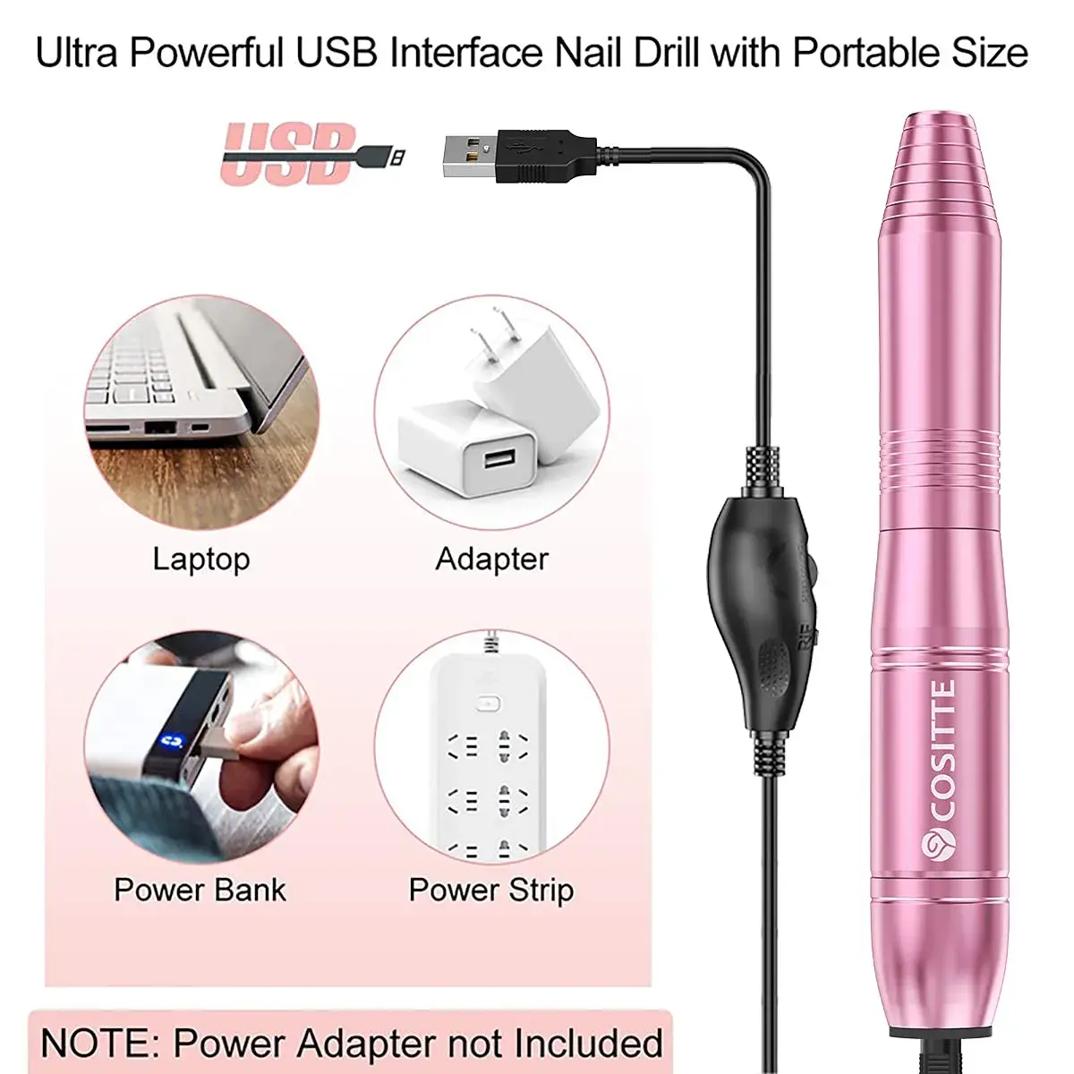 COSITTE Pink USB Electric Nail Drill Machine for Acrylic Nails | 20000 RPM Portable Efile - view 2