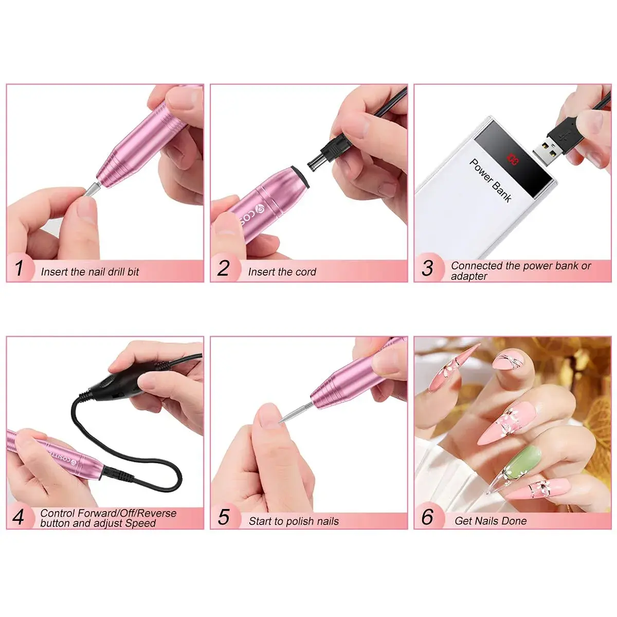 COSITTE Pink USB Electric Nail Drill Machine for Acrylic Nails | 20000 RPM Portable Efile - view 4