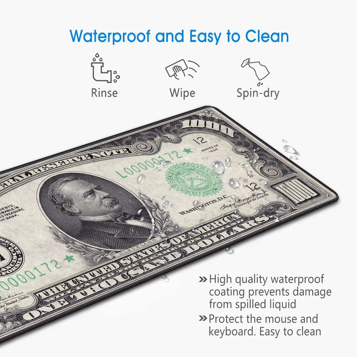 OIXXAF 1000 Dollar Bill XXL Large Mouse Pad Mat with Coasters Set 80cm x 30cm (31.5"x 11.8") | Smooth Surface for Precise Positioning - view 6