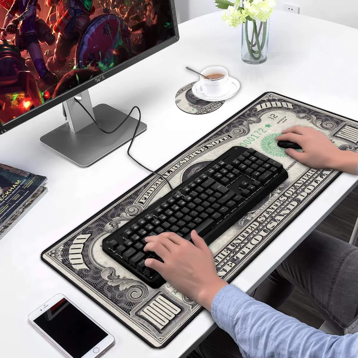 OIXXAF 1000 Dollar Bill XXL Large Mouse Pad Mat with Coasters Set 80cm x 30cm (31.5"x 11.8") | Smooth Surface for Precise Positioning - view 7