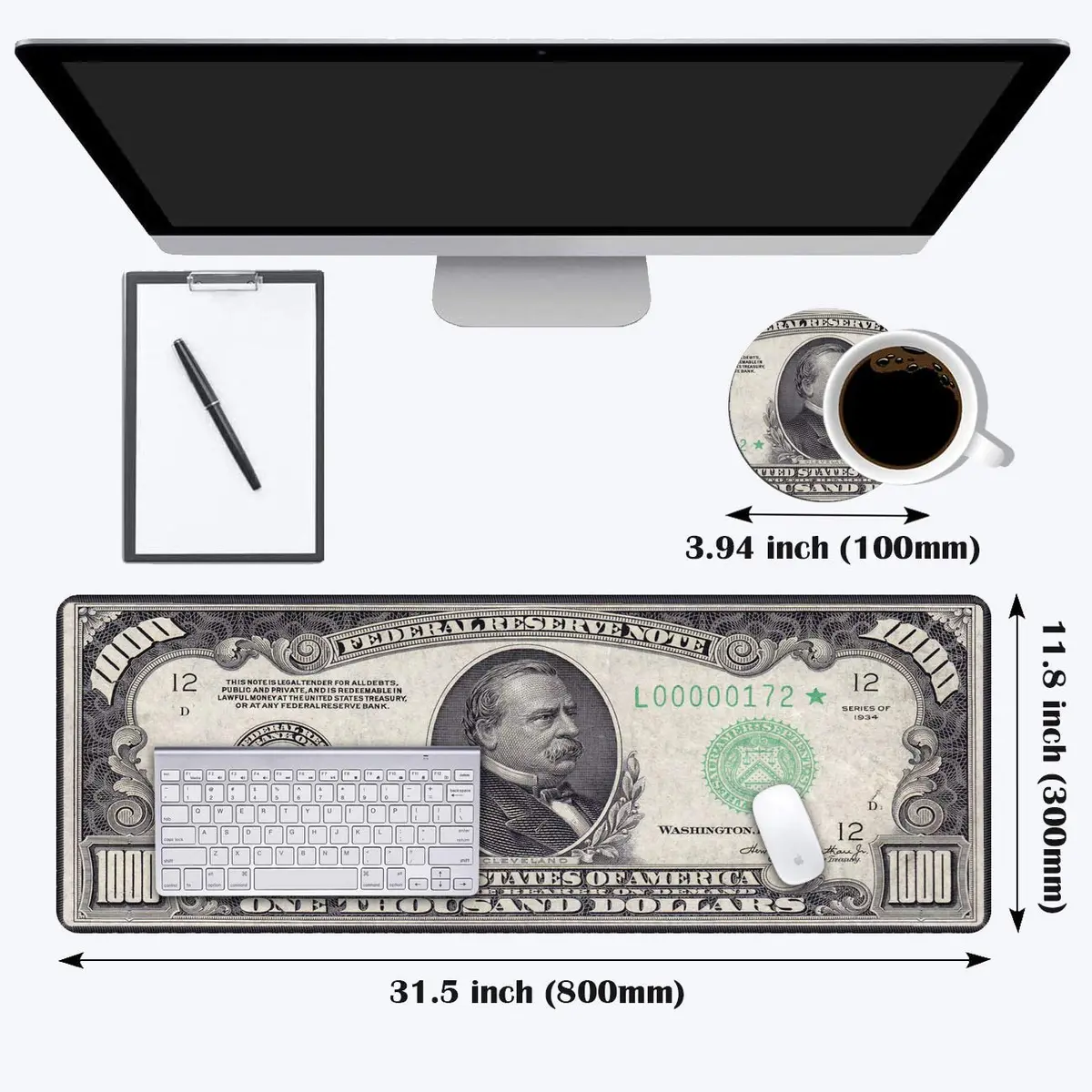 OIXXAF 1000 Dollar Bill XXL Large Mouse Pad Mat with Coasters Set 80cm x 30cm (31.5"x 11.8") | Smooth Surface for Precise Positioning - view 2
