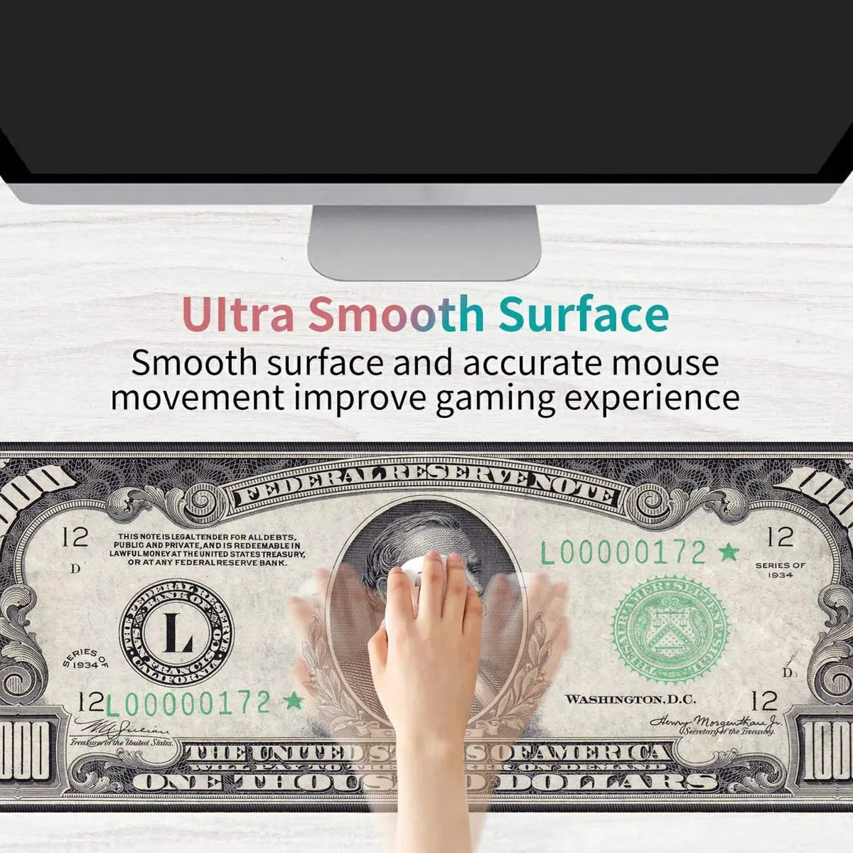 OIXXAF 1000 Dollar Bill XXL Large Mouse Pad Mat with Coasters Set 80cm x 30cm (31.5"x 11.8") | Smooth Surface for Precise Positioning - view 3