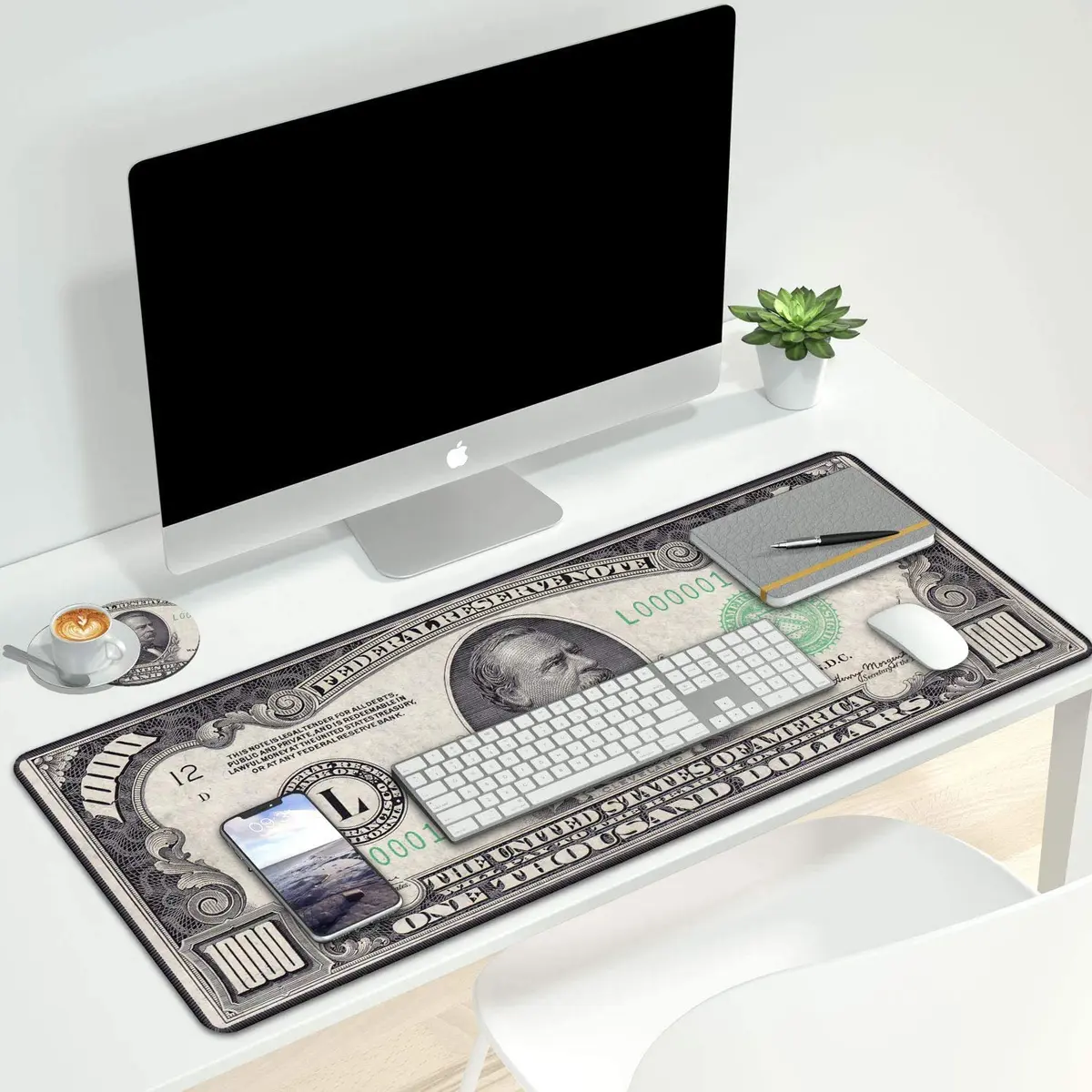OIXXAF 1000 Dollar Bill XXL Large Mouse Pad Mat with Coasters Set 80cm x 30cm (31.5"x 11.8") | Smooth Surface for Precise Positioning - view 4