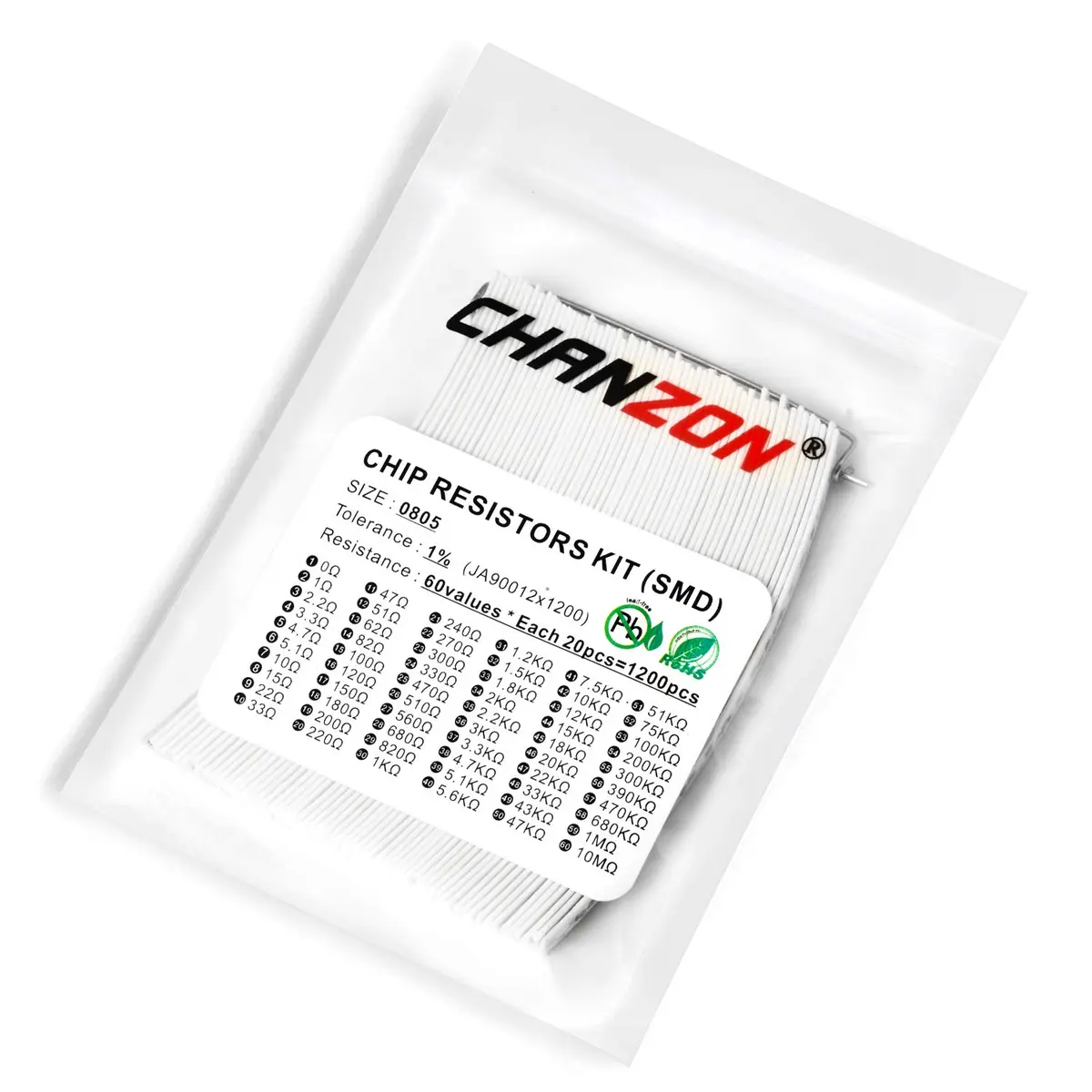 CHANZON 1200pcs 0805 SMD Resistor Kit 60 Values 0-10M ohm 1/8W | Precision Metal Film Resistors - view 6