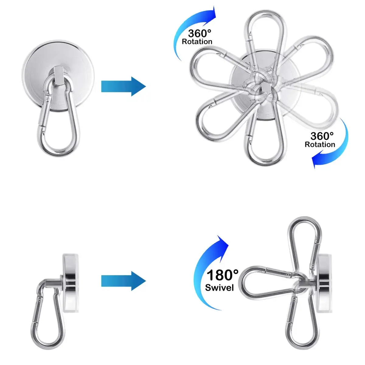 WELLZEER Heavy Duty Magnetic Hooks with Carabiner, 170 lbs Vertical Capacity | Stainless Steel, Pack of 8 - view 2