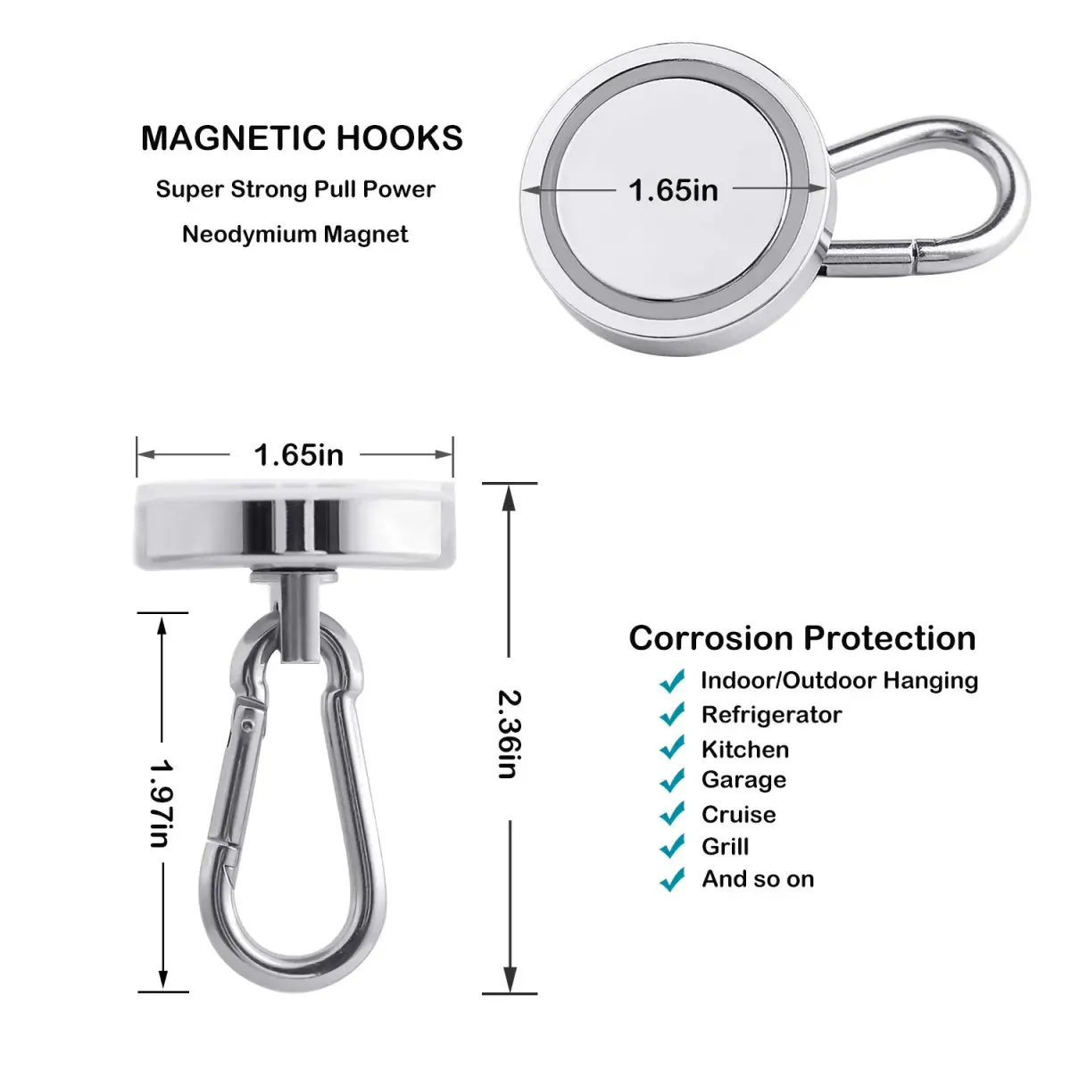 WELLZEER Heavy Duty Magnetic Hooks with Carabiner, 170 lbs Capacity, Stainless Steel, Pack of 4 | Industrial Grade for Garages & Kitchens - view 5