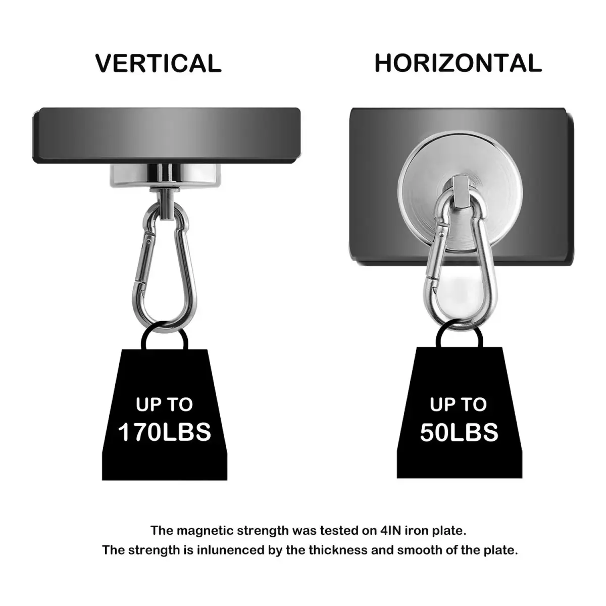 WELLZEER Heavy Duty Magnetic Hooks with Carabiner, 170 lbs Capacity, Stainless Steel, Pack of 4 | Industrial Grade for Garages & Kitchens - view 4