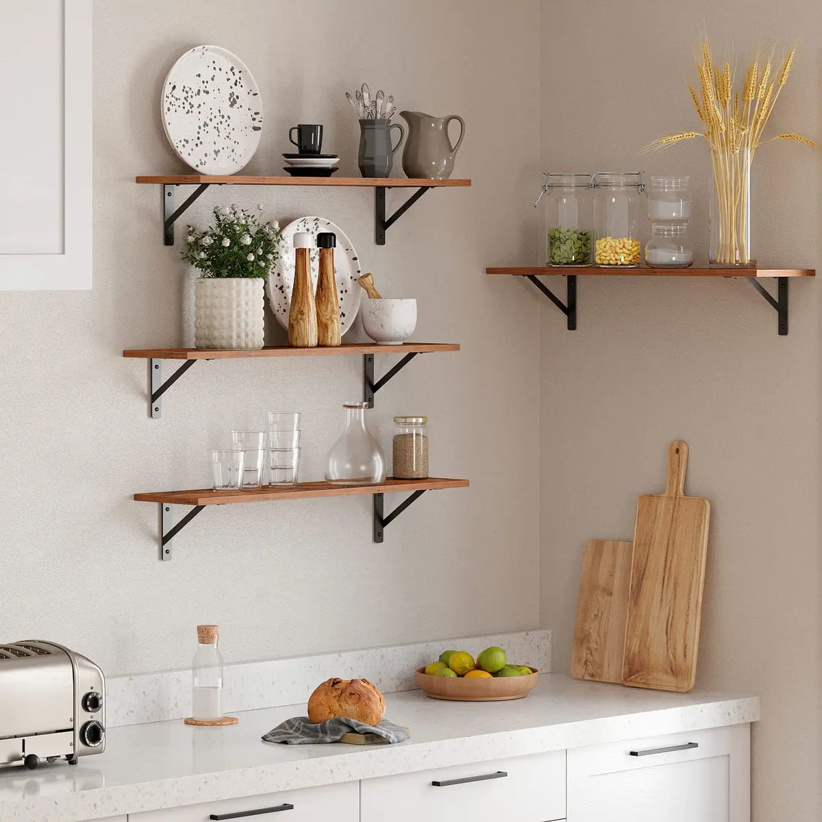 DINZI LVJ Wall Shelves, 23.6" Long Floating Shelves with Metal Brackets | Rustic Brown, Set of 2, Max 10kg - view 3