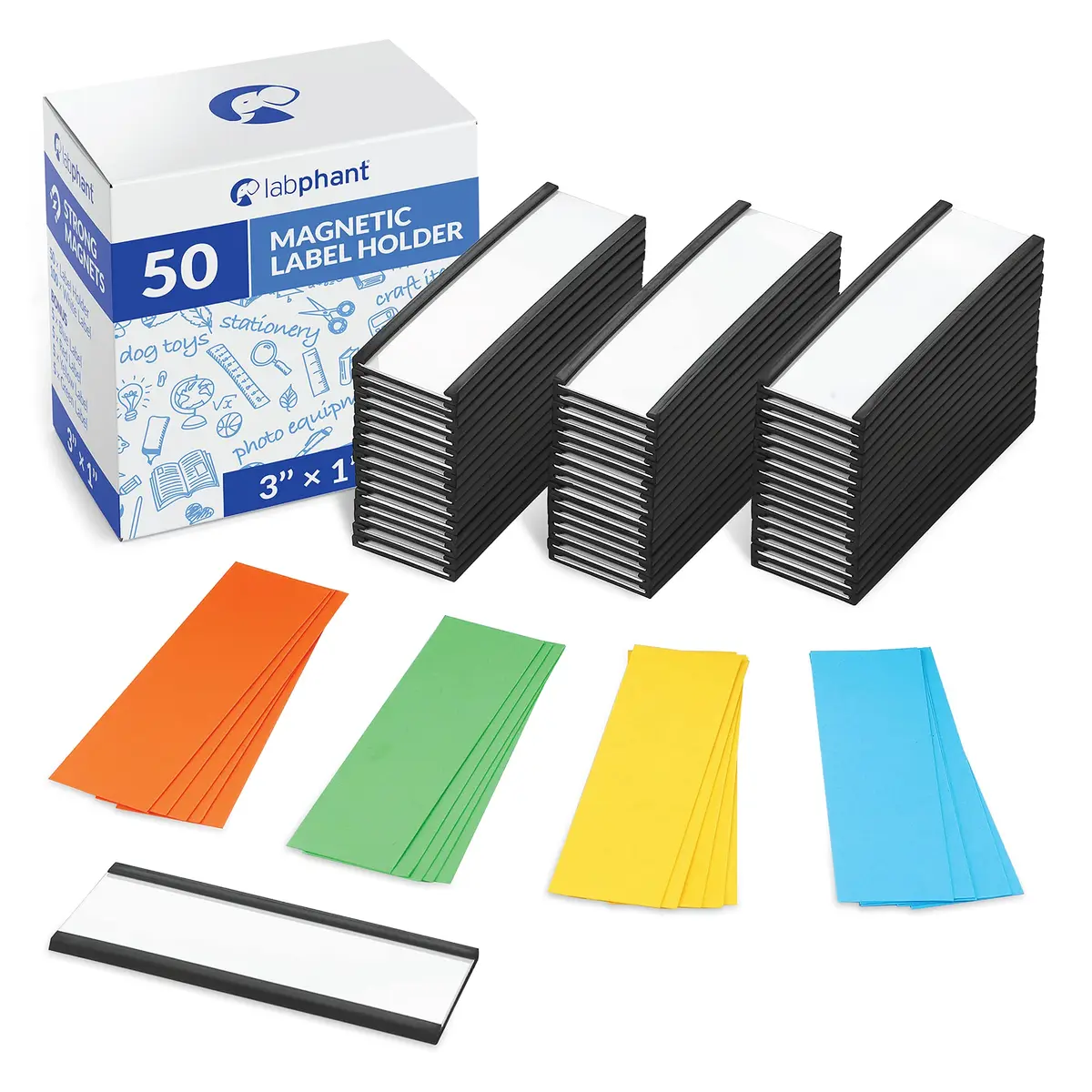 labphant "C" Channel Magnetic Label Holders 1x3 Inch, 50 Pack with 100 White & 20 Colorful Inserts | Heavy Duty Magnet for Shelving, Lockers, Whiteboards - main product image