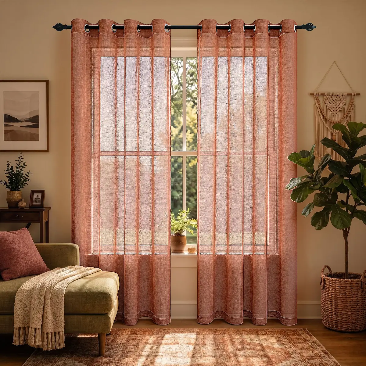 Pitalk Terracotta Curtains 52"W x 84"L | Light Filtering Semi Sheer Linen Look - main product image