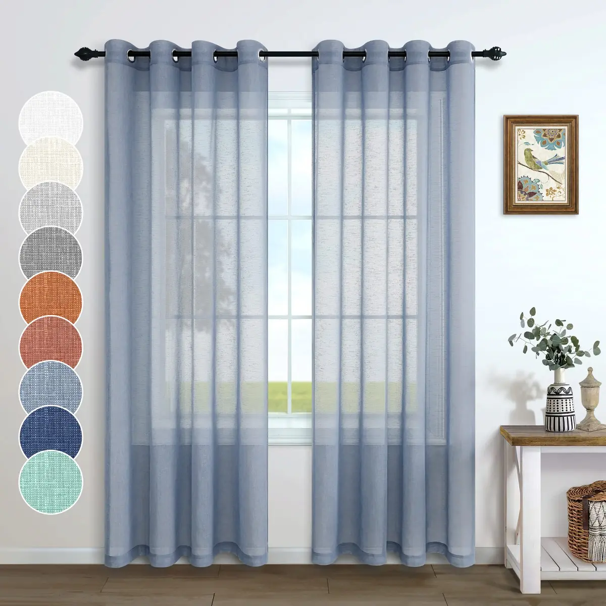 Pitalk Dusty Blue Curtains 52x84 | Linen Look Semi Sheer for Living Room & Bedroom - view 2