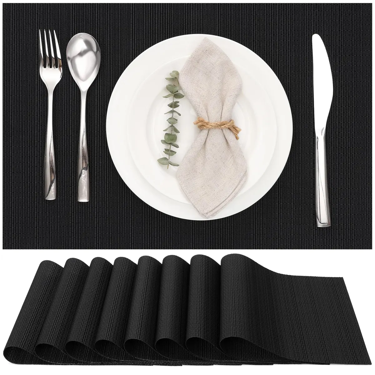 Myir JUN Black Placemats Set of 8 | Durable PVC Indoor/Outdoor Table Mats - main product image