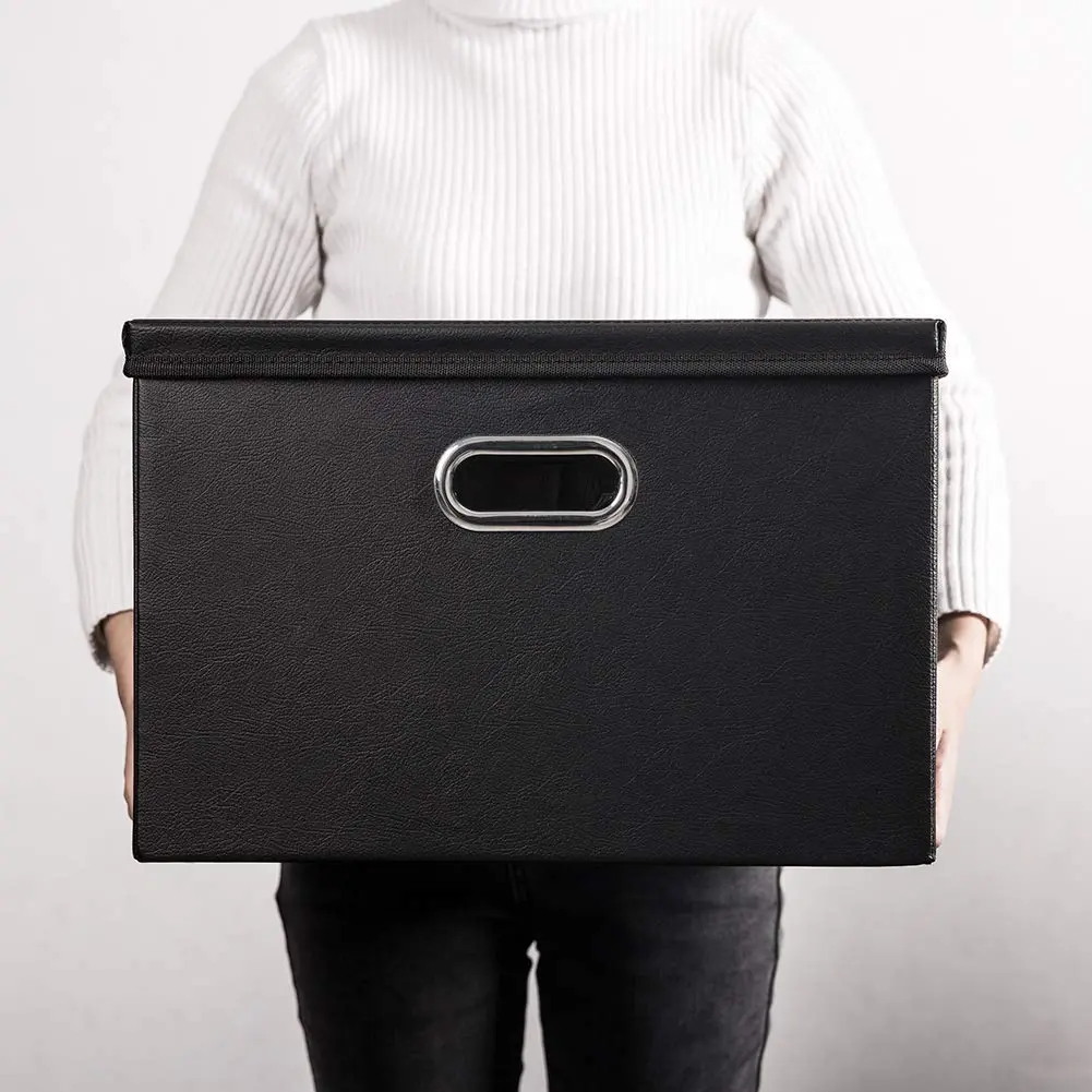 PRANDOM Large Collapsible Storage Bin with Lid | Leather Fabric Foldable Organizer 17.7x11.8x11.8 inches - view 7