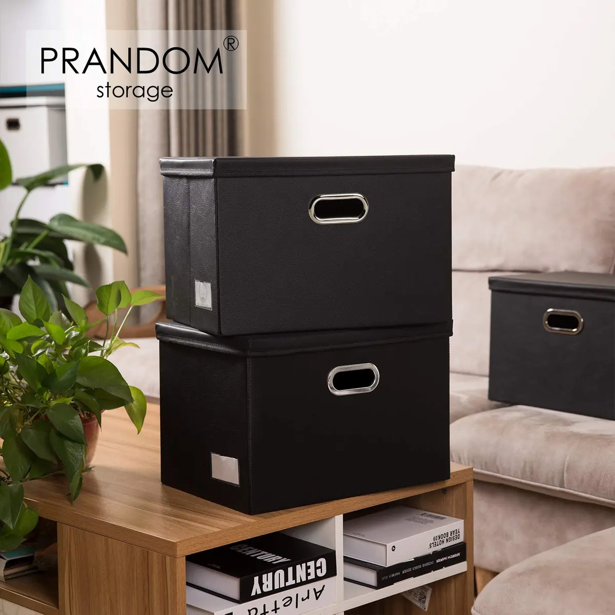PRANDOM Large Collapsible Storage Bin with Lid | Leather Fabric Foldable Organizer 17.7x11.8x11.8 inches - view 2