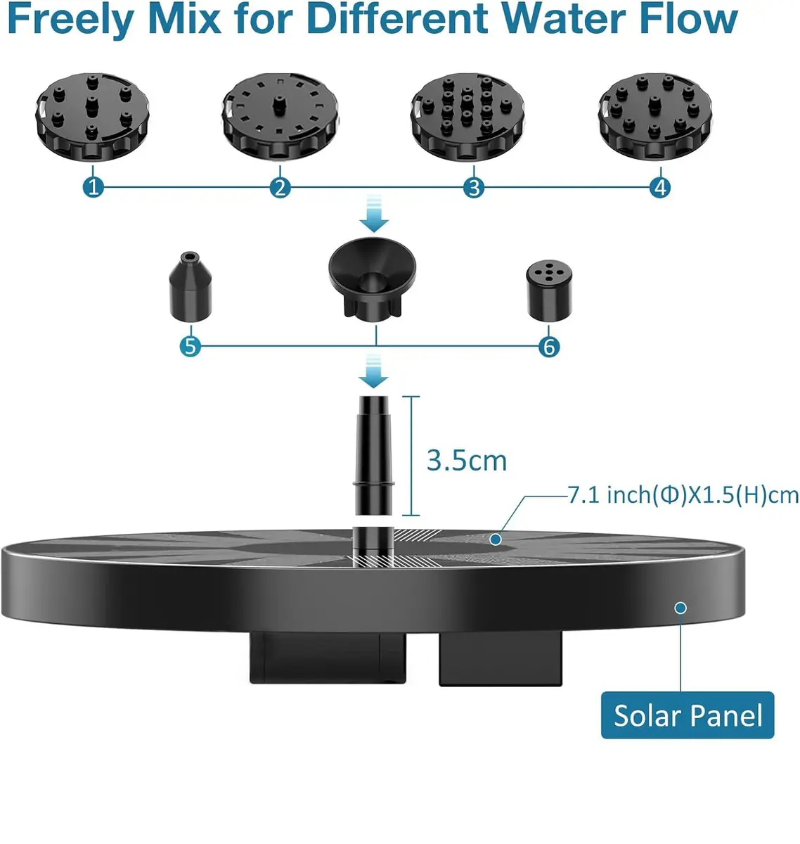 AISITIN 3.5W Solar Fountain with 6 Nozzles & 4 Fixer | Floating Outdoor Water Pump for Bird Baths, Gardens, Ponds - view 6