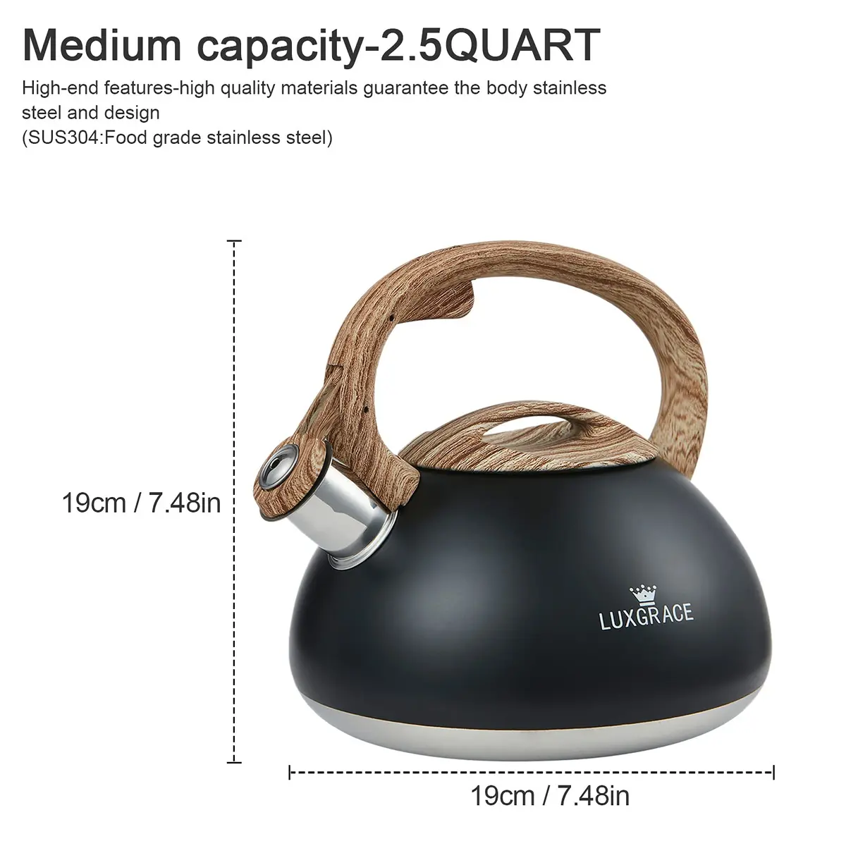 LUXGRACE 2.2 Quarts Stainless Steel Whistling Tea Kettle for Stovetop | Fast Boiling & Safe Handle - view 5