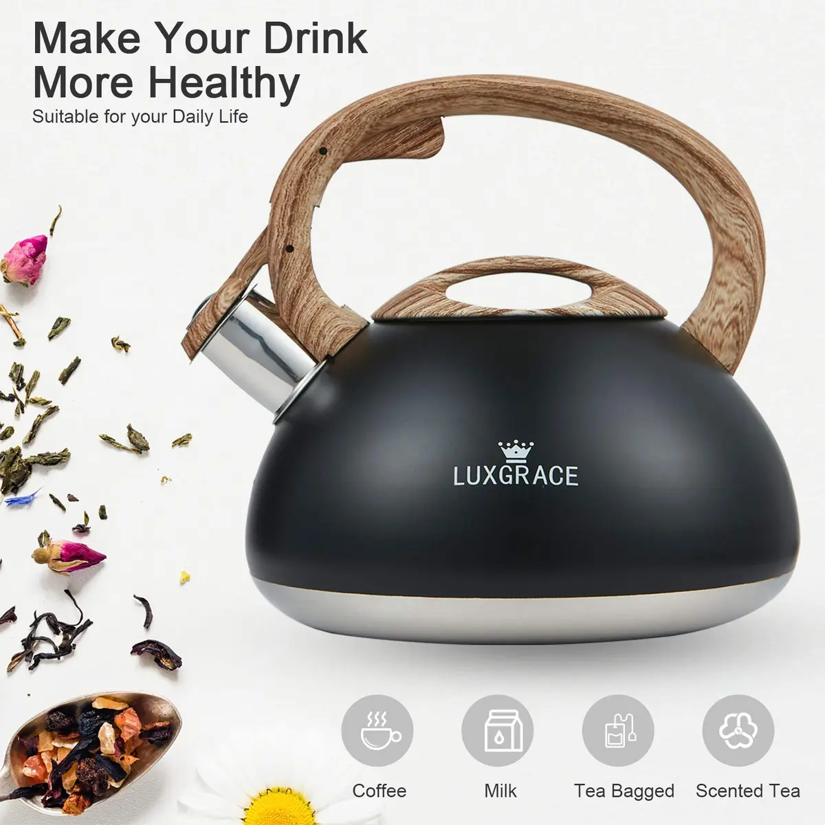 LUXGRACE 2.2 Quarts Stainless Steel Whistling Tea Kettle for Stovetop | Fast Boiling & Safe Handle - view 2