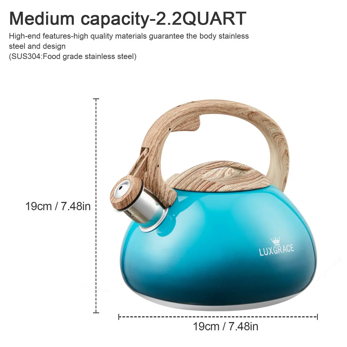 LUXGRACE 2.2 Quarts Stainless Steel Whistling Tea Kettle Blue | Food Grade, Induction Compatible - view 5