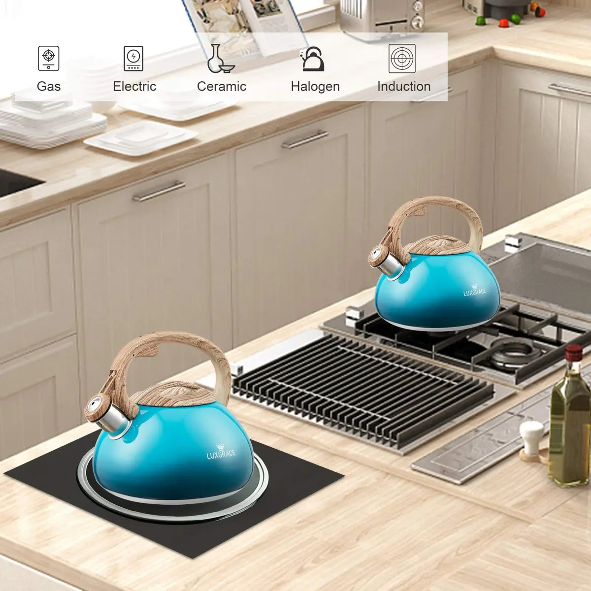 LUXGRACE 2.2 Quarts Stainless Steel Whistling Tea Kettle Blue | Food Grade, Induction Compatible - view 6