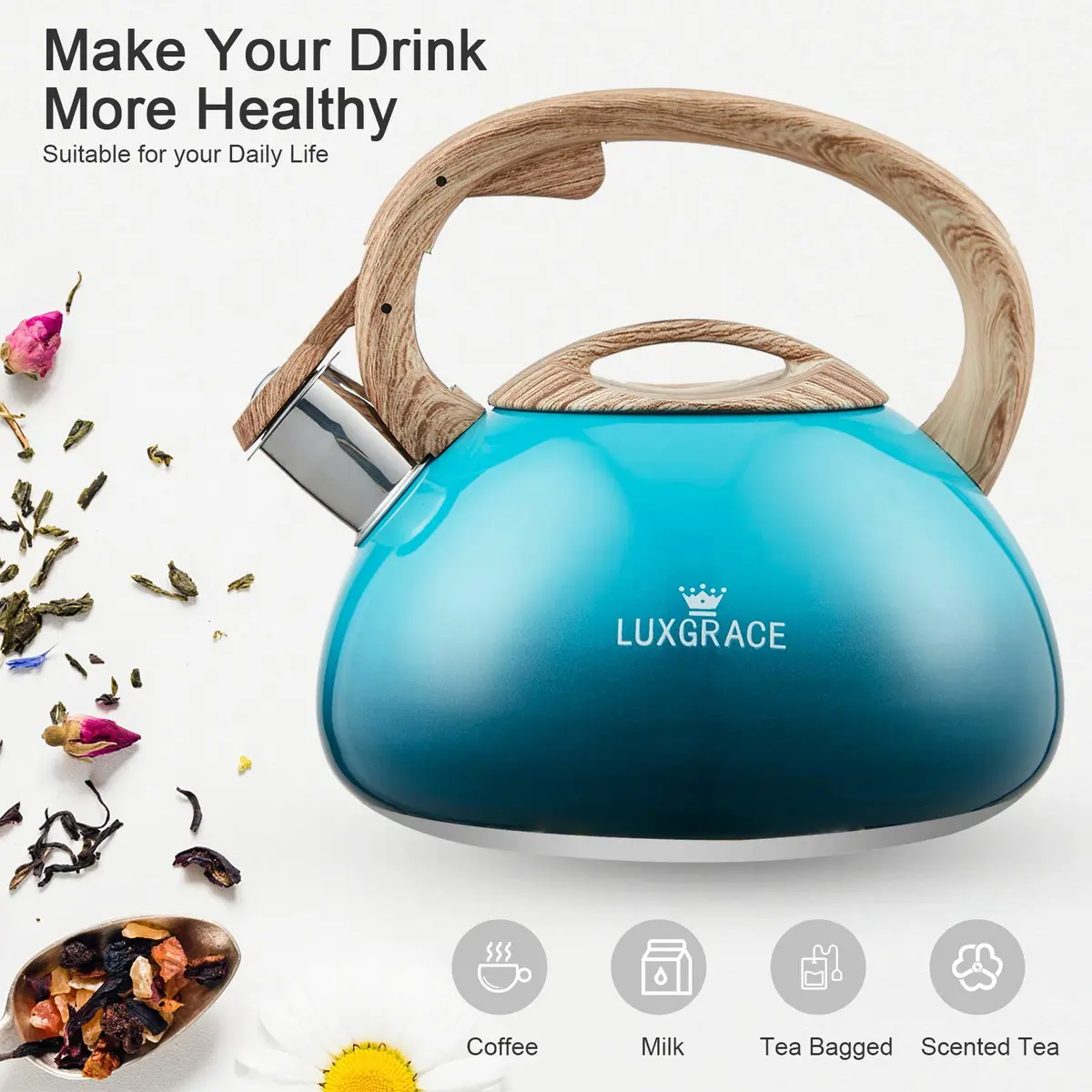 LUXGRACE 2.2 Quarts Stainless Steel Whistling Tea Kettle Blue | Food Grade, Induction Compatible - view 2