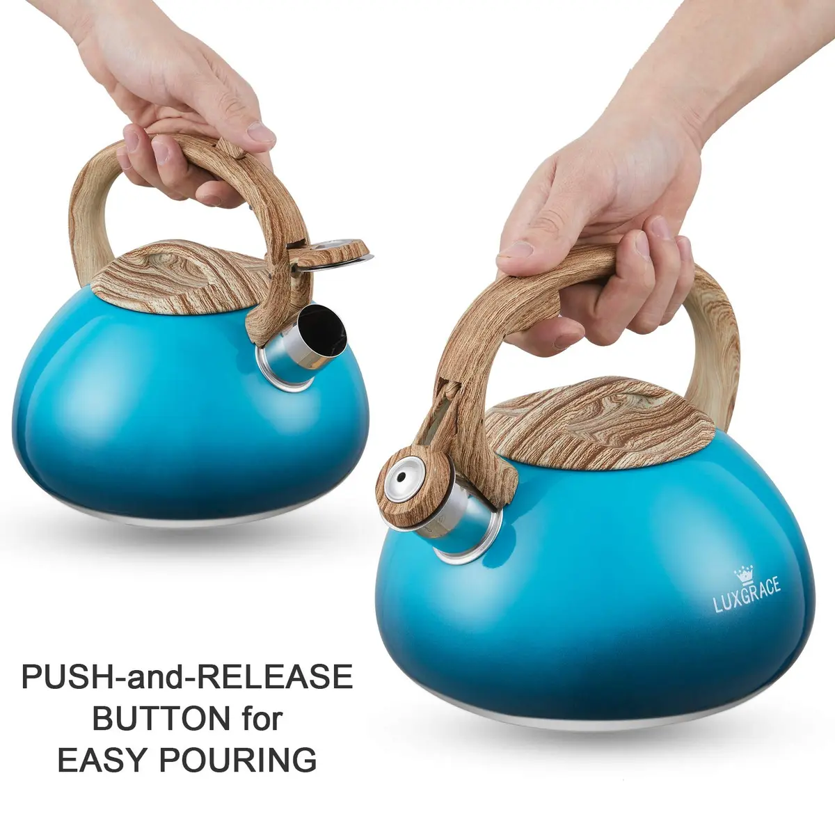 LUXGRACE 2.2 Quarts Stainless Steel Whistling Tea Kettle Blue | Food Grade, Induction Compatible - view 4