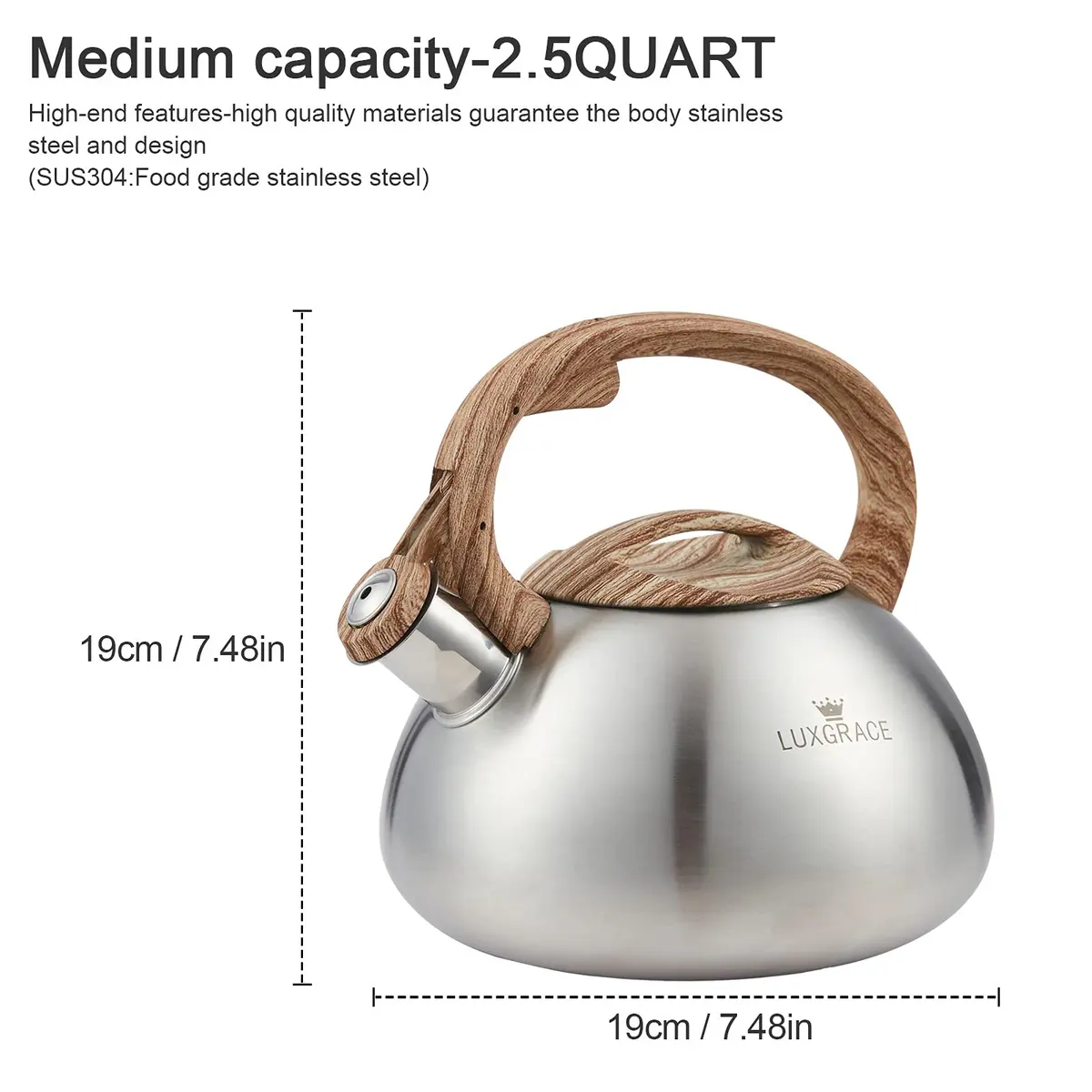 LUXGRACE Stainless Steel Stovetop Tea Kettle 2.2 Quarts | Loud Whistle & Wood Pattern Handle - view 5
