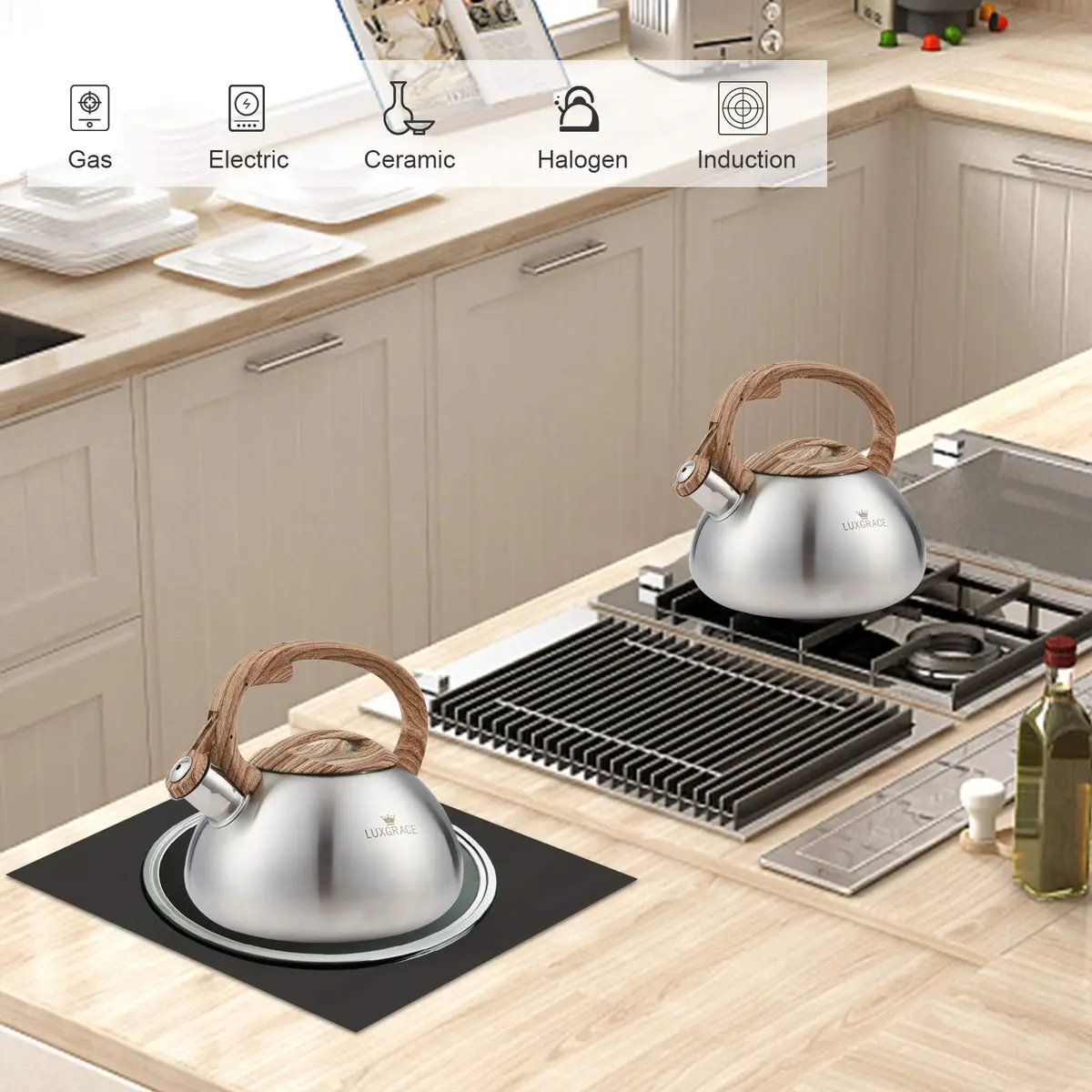 LUXGRACE Stainless Steel Stovetop Tea Kettle 2.2 Quarts | Loud Whistle & Wood Pattern Handle - view 6