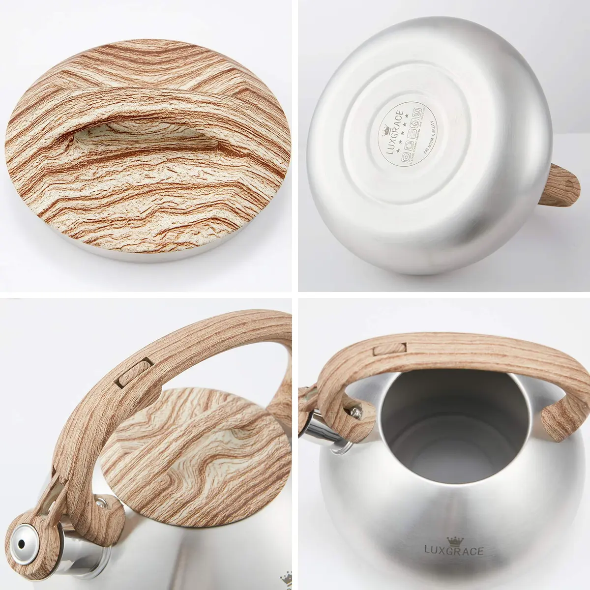 LUXGRACE Stainless Steel Stovetop Tea Kettle 2.2 Quarts | Loud Whistle & Wood Pattern Handle - view 7