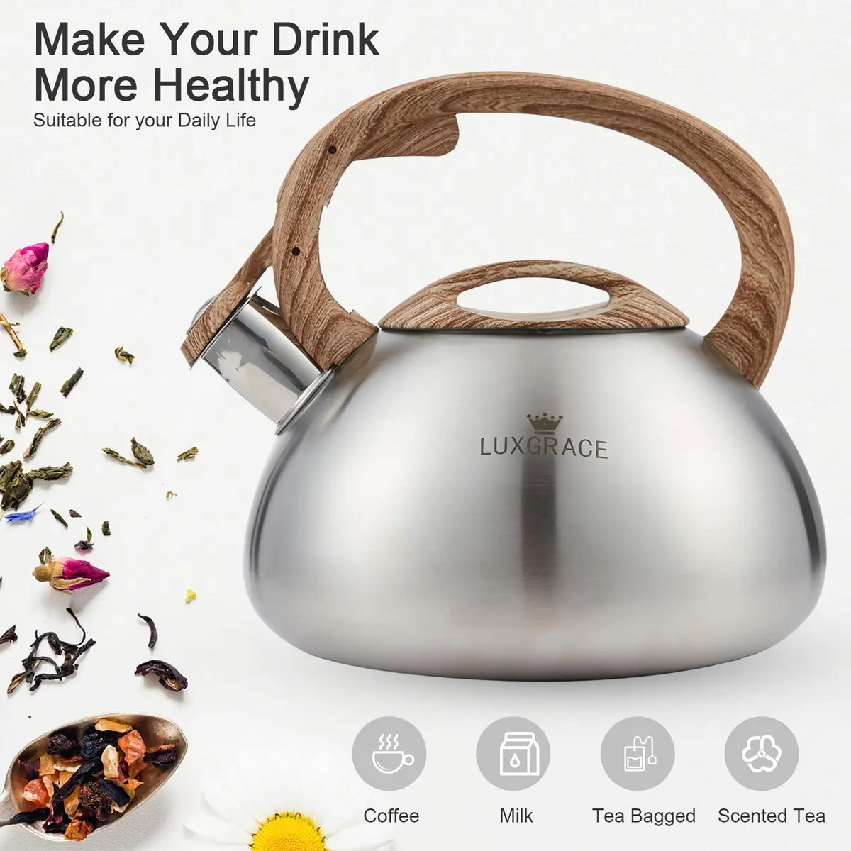 LUXGRACE Stainless Steel Stovetop Tea Kettle 2.2 Quarts | Loud Whistle & Wood Pattern Handle - view 2