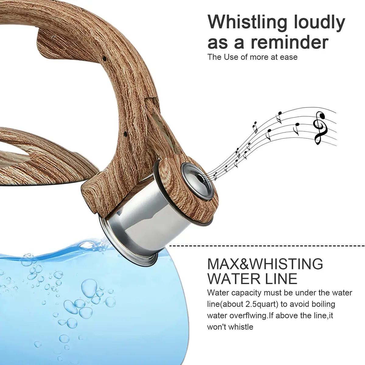 LUXGRACE Stainless Steel Stovetop Tea Kettle 2.2 Quarts | Loud Whistle & Wood Pattern Handle - view 3
