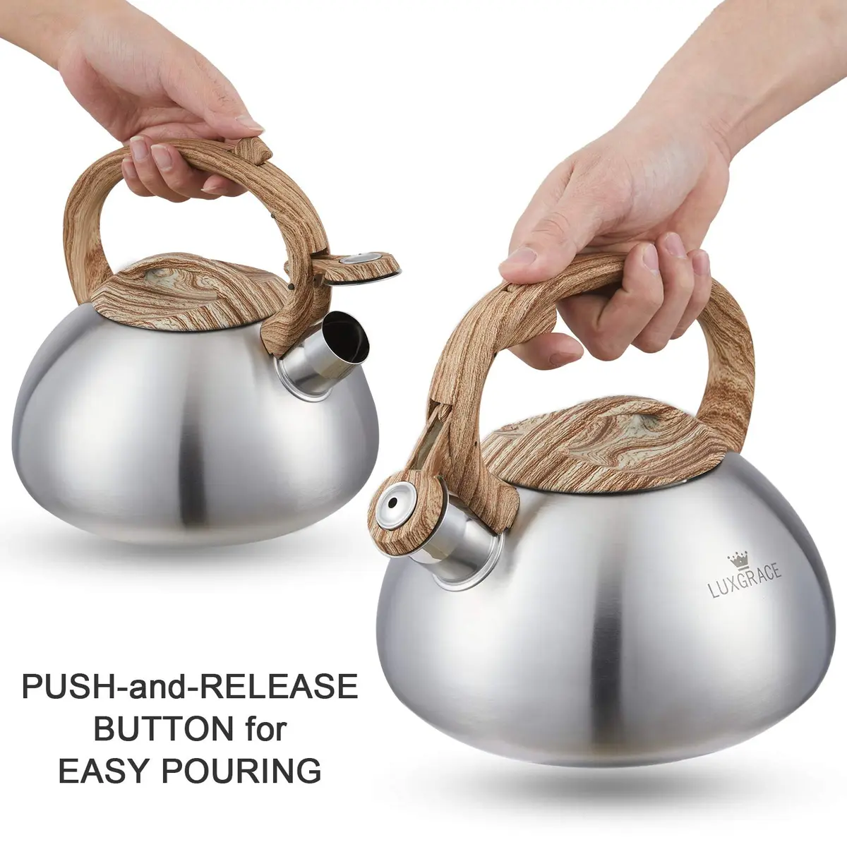 LUXGRACE Stainless Steel Stovetop Tea Kettle 2.2 Quarts | Loud Whistle & Wood Pattern Handle - view 4