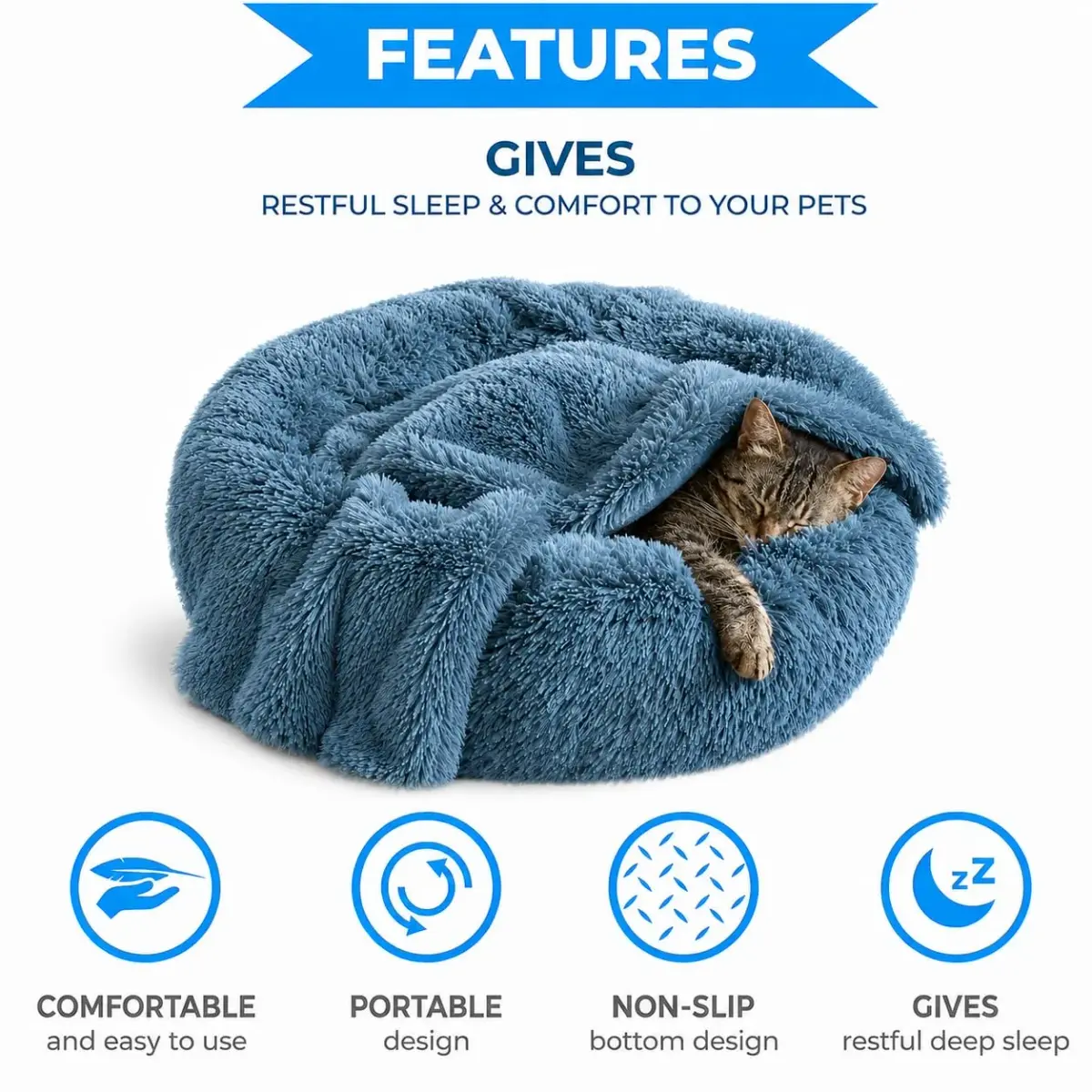 Whiskers & Friends Calming Donut Cat Bed 58cm (23") | Orthopedic Soft Plush Round Pet Bed for Indoor Cats & Small Dogs - view 3