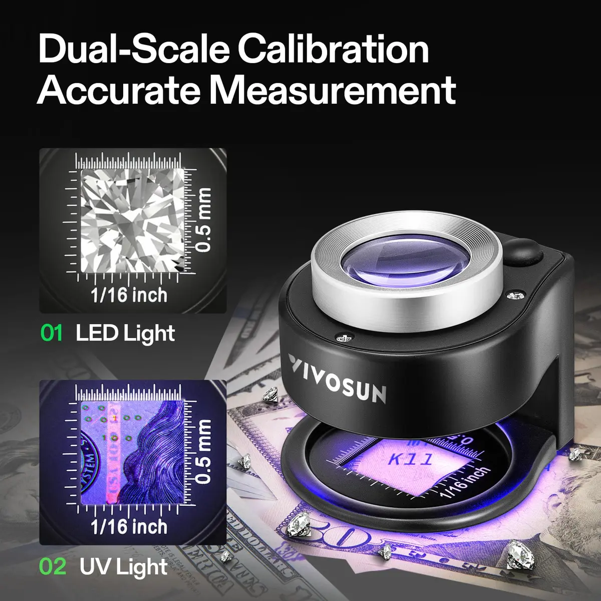 VIVOSUN 30X Rechargeable Loupe Magnifier with LED and UV Light, Black | Optical Glass Lens with Scale - view 7