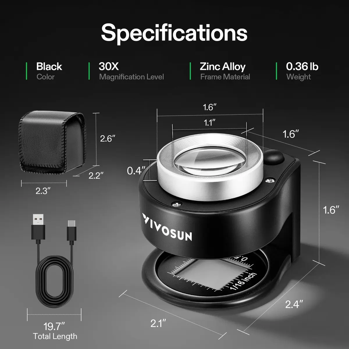 VIVOSUN 30X Rechargeable Loupe Magnifier with LED and UV Light, Black | Optical Glass Lens with Scale - view 2