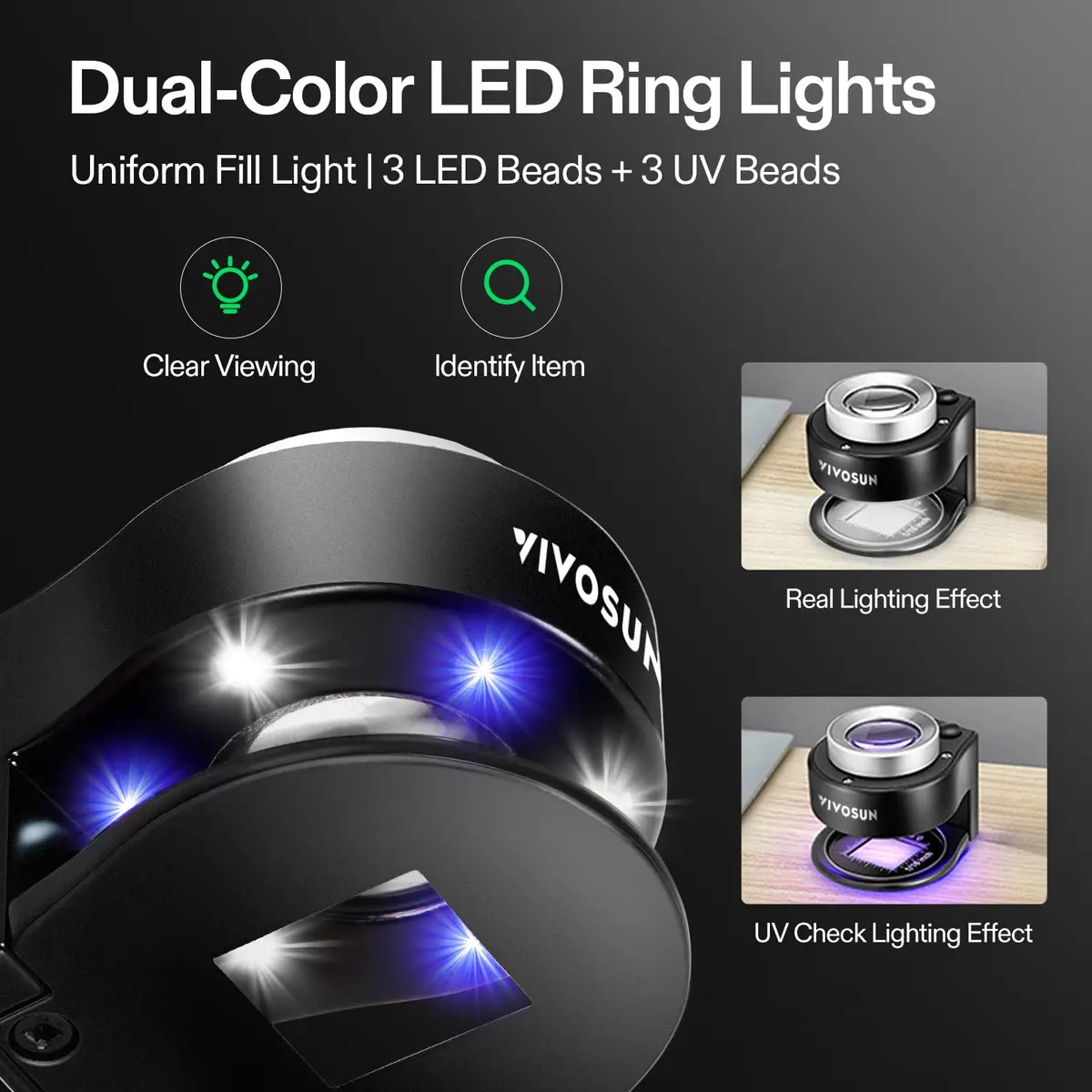 VIVOSUN 30X Rechargeable Loupe Magnifier with LED and UV Light, Black | Optical Glass Lens with Scale - view 3