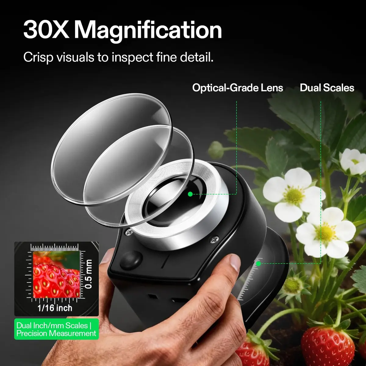 VIVOSUN 30X Rechargeable Loupe Magnifier with LED and UV Light, Black | Optical Glass Lens with Scale - view 4