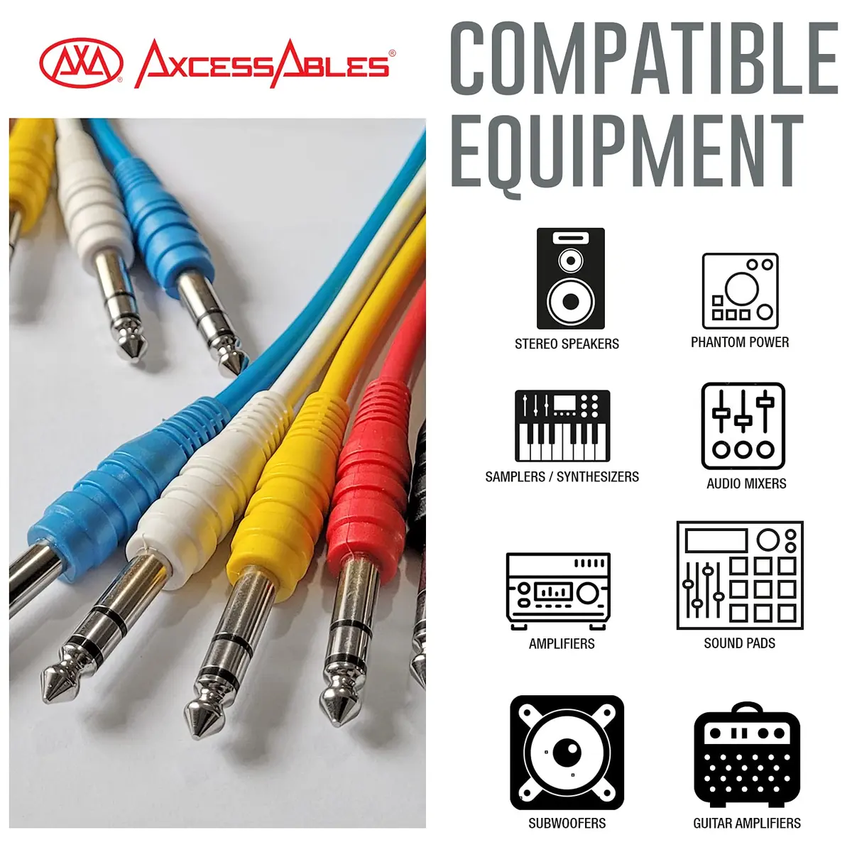 AXA AXCESSABLES 1/4" TRS to 1/4" TRS Balanced Stereo Patch Cables (6 Pack - 1ft) | Noise-Free Audio Connection - view 2