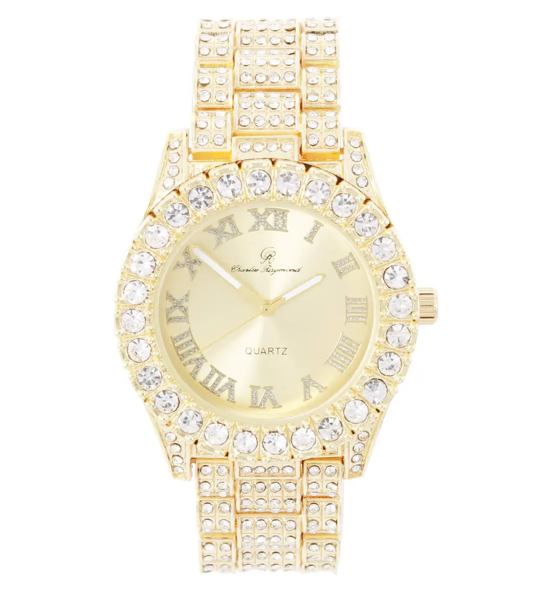 Charles Raymond Hip Hop Iced Out Watch with Shiny Gold Dial & Silver Tone Finish | 42mm Case - main product image