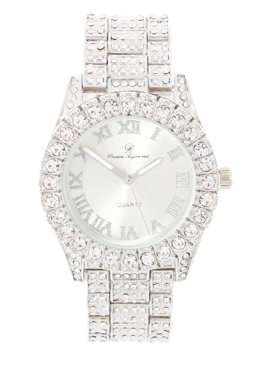 Charles Raymond Hip Hop Shiny Silver Iced Out Watch with Roman Numerals & Colorful Dial - main product image