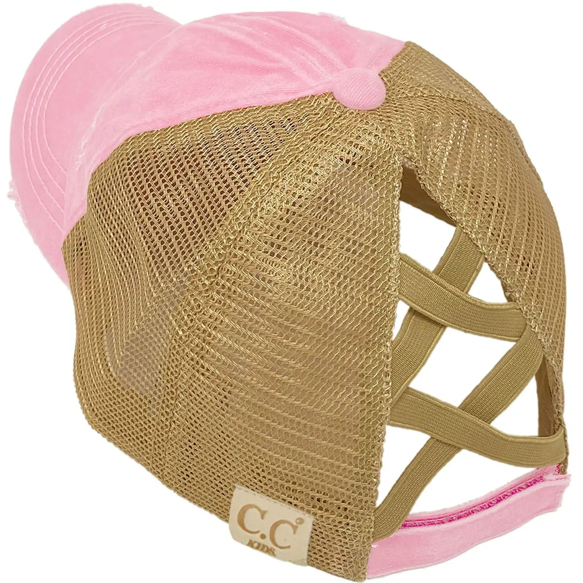 C.C Kids Messy Bun Ponytail Baseball Cap with Criss-Cross Back | Baby Pink - main product image