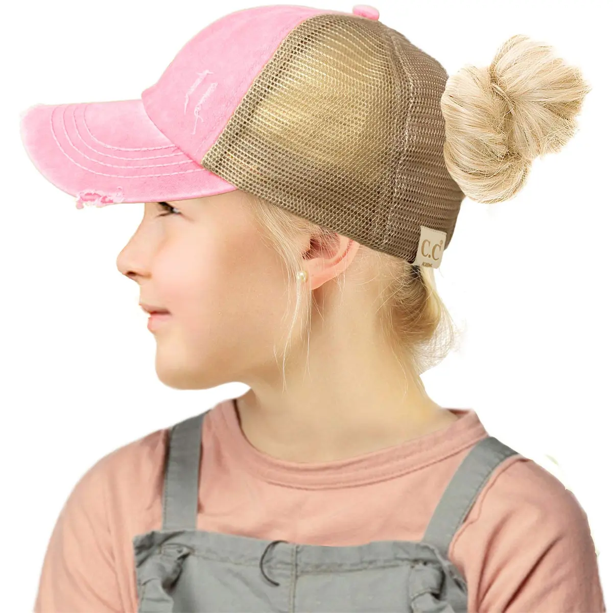 C.C Kids Messy Bun Ponytail Baseball Cap with Criss-Cross Back | Baby Pink - view 2