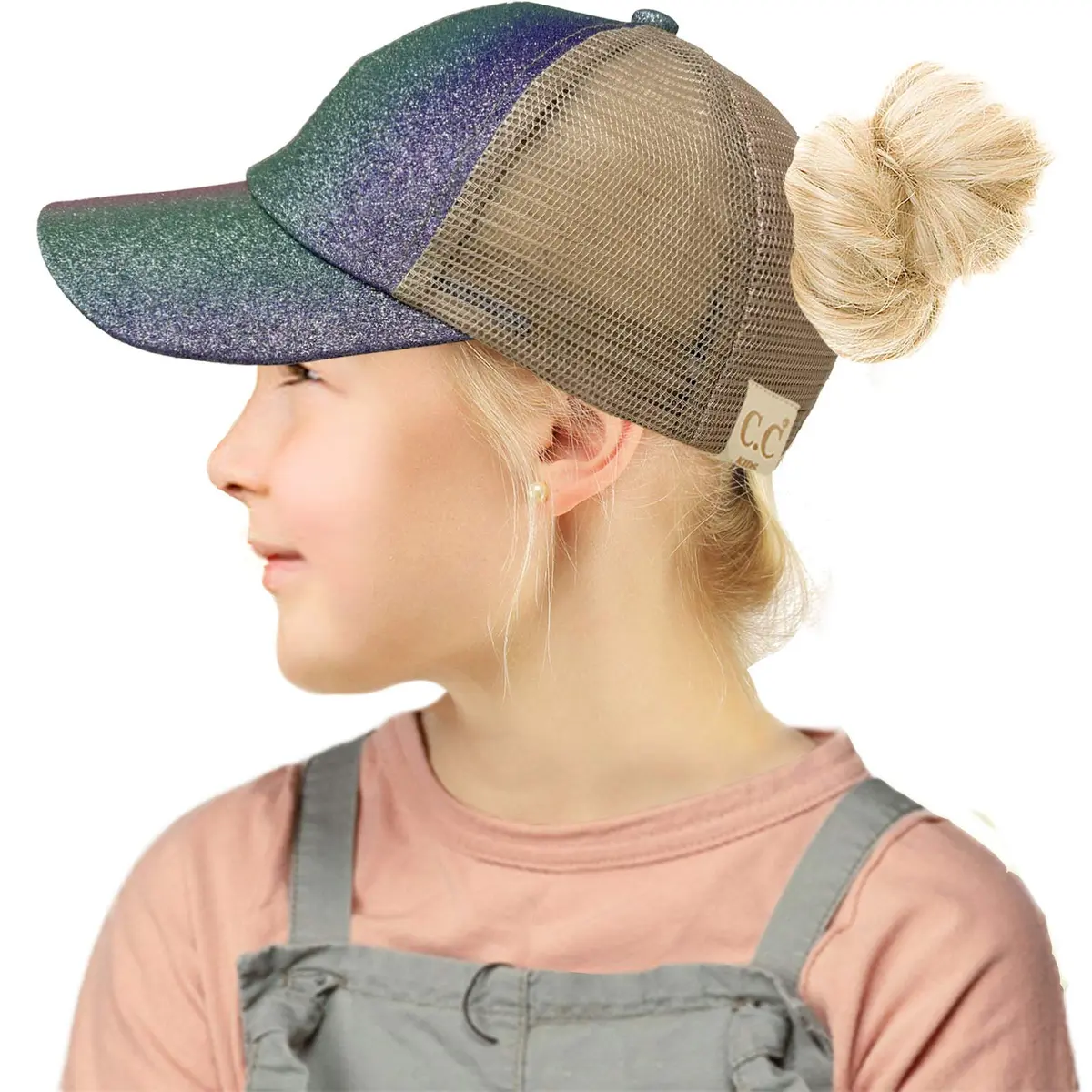 C.C Kids Messy Bun Ponytail Baseball Cap Hat with Criss-Cross Back & Ombre Glitter (One Size Fits Most, Purple Multi) - view 2