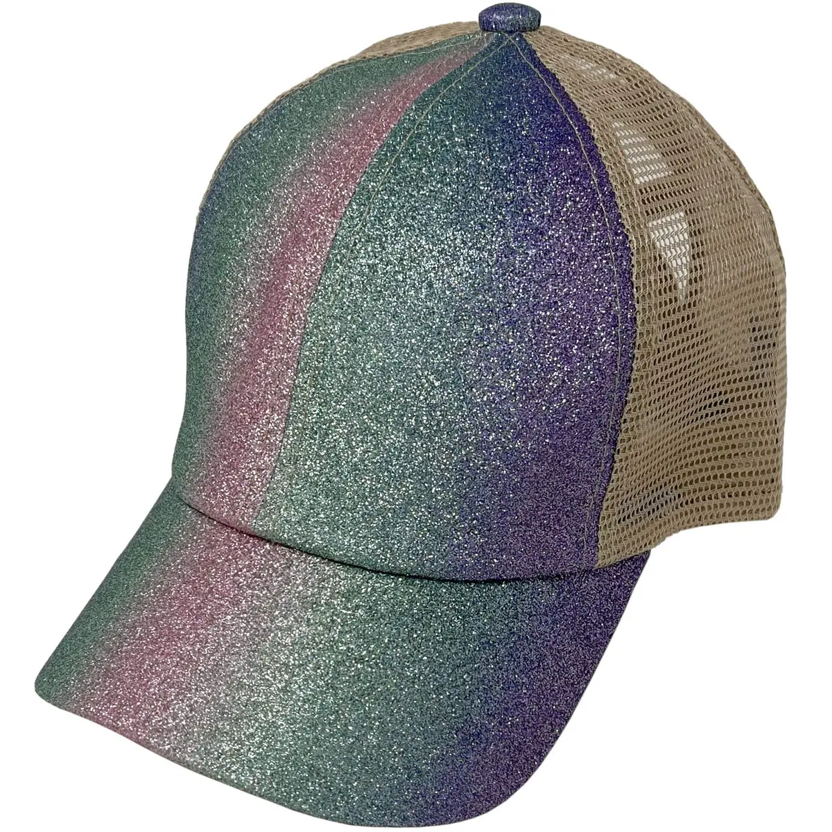 C.C Kids Messy Bun Ponytail Baseball Cap Hat with Criss-Cross Back & Ombre Glitter (One Size Fits Most, Purple Multi) - view 3