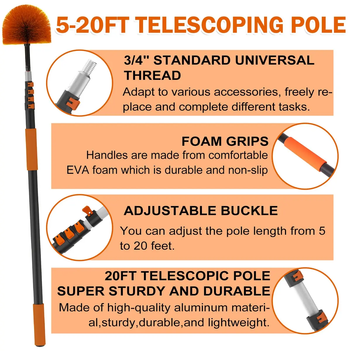Buyplus Telescoping Cobweb Duster with 20ft Extension Pole | Cleans Up to 26ft High, Non-Shedding Bristles - view 6
