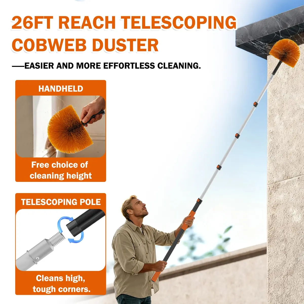 Buyplus Telescoping Cobweb Duster with 20ft Extension Pole | Cleans Up to 26ft High, Non-Shedding Bristles - view 2