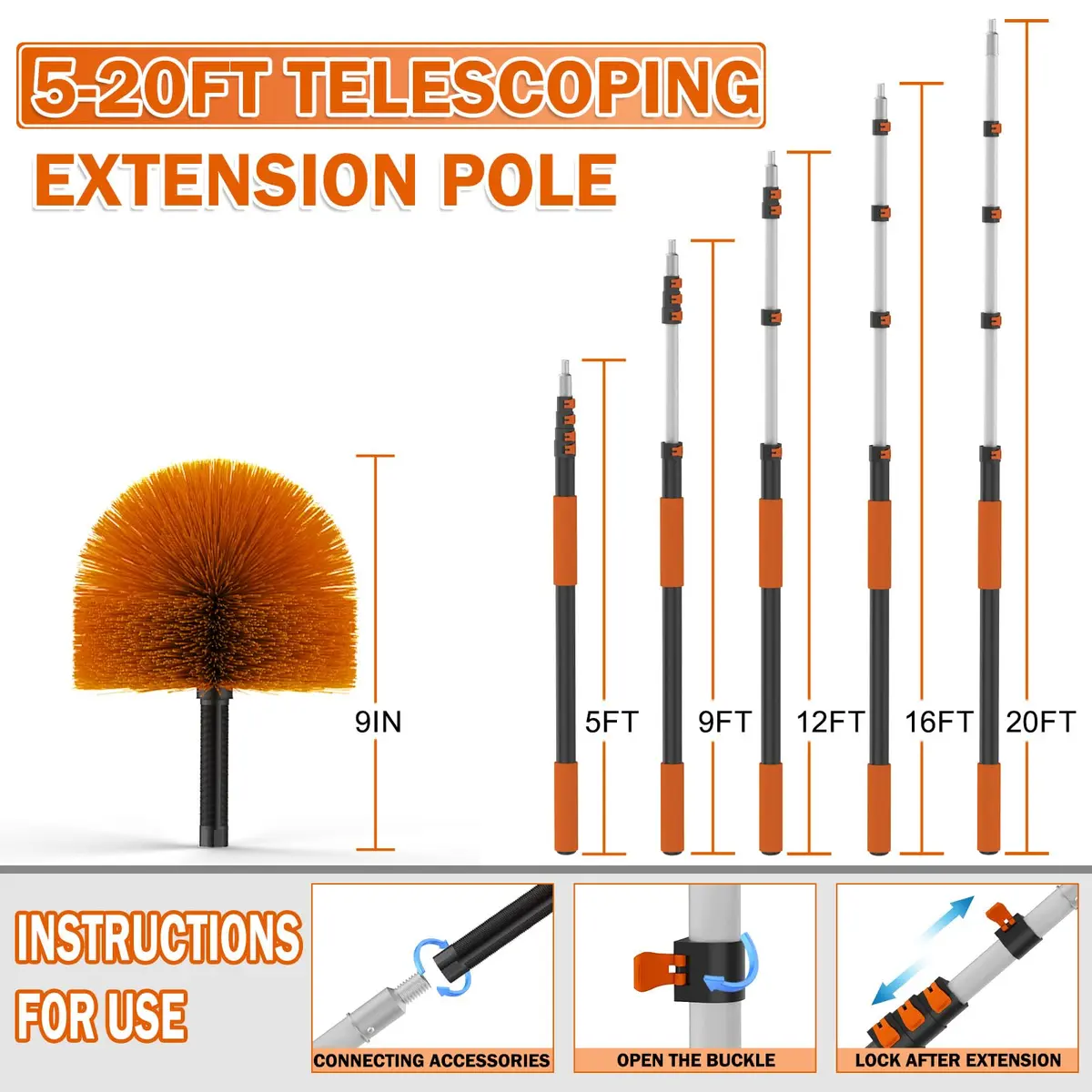 Buyplus Telescoping Cobweb Duster with 20ft Extension Pole | Cleans Up to 26ft High, Non-Shedding Bristles - view 3